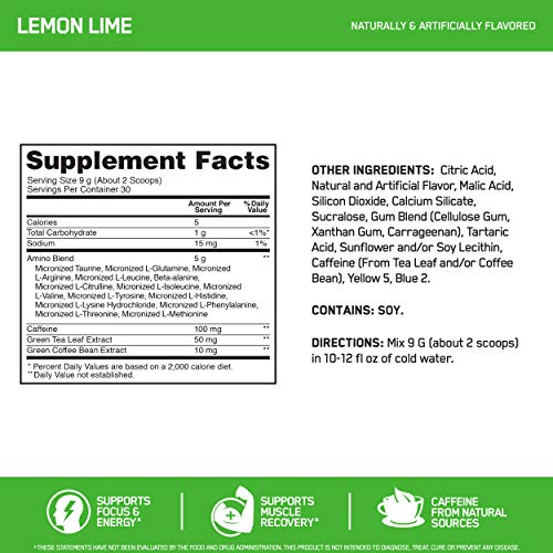 Optimum Nutrition Amino Energy - Pre Workout with Green Tea, BCAA, Amino Acids, Keto Friendly, Green Coffee Extract, Energy Powder - Lemon Lime, 30 Servings