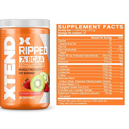 XTEND Ripped BCAA Powder Strawberry Kiwi | Cutting Formula + Sugar Free Post Workout Muscle Recovery Drink with Amino Acids | 7g BCAAs for Men & Women | 30 Servings