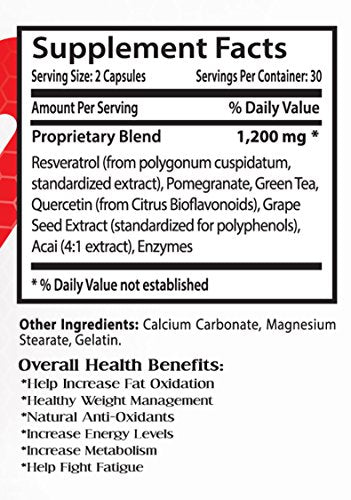 Antioxidant Energy Supplement - RESVERATROL 1200 (Natural Formula) - Resveratrol with quercetin - 1 Bottle 60 Capsules