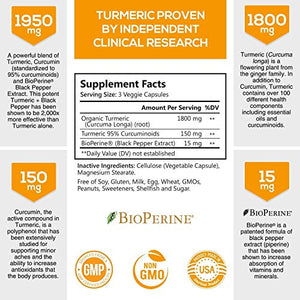 Turmeric Curcumin with BioPerine 95% Curcuminoids 1950mg with Black Pepper for Best Absorption, Made in USA, Natural Immune Support, Turmeric Supplement by Natures Nutrition - 120 Capsules