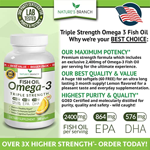 Best Triple Strength Omega 3 Fish Oil Pills - 180 Capsules - 2400mg High Potency Burpless Lemon Flavor 864mg EPA 576mg DHA Ultra Pure Liquid Softgels for Brain Joints Eyes Heart Health Supplement