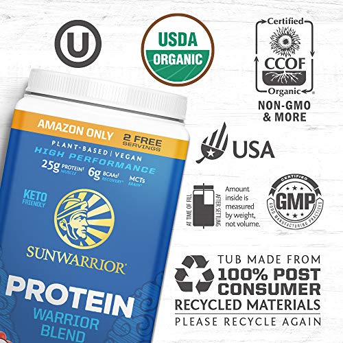 Sunwarrior Warrior Blend - Organic Protein Powder with BCAAs and Pea Protein Powder - Dairy Free, Gluten Free, Soy Free, Non-GMO, Sugar Free, and Keto Friendly Vegan, Plant Based Protein Powder