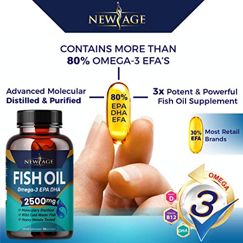 Omega 3 Fish Oil 2500mg Supplement by New Age - 2 Pack – Immune & Heart Support – Promotes Joint, Eye, Brain & Skin Health - Non GMO 180 Softgels - EPA, DHA Fatty Acids Gluten Free
