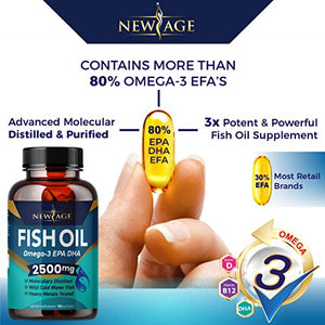 Omega 3 Fish Oil 2500mg Supplement by New Age - 2 Pack – Immune & Heart Support – Promotes Joint, Eye, Brain & Skin Health - Non GMO 180 Softgels - EPA, DHA Fatty Acids Gluten Free