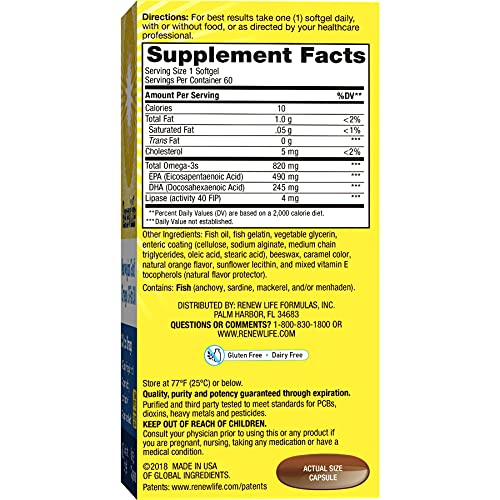 Renew Life Norwegian Gold Adult Fish Oil - Critical Omega, Fish Oil Omega-3 Supplement - Gluten & Dairy Free - 60 Burp-Free Softgel Capsules