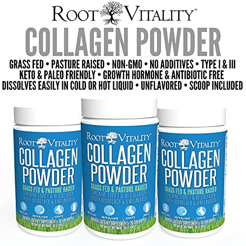 Root Vitality Collagen Powder, Collagen Peptides, Grass Fed, Premium Quality Collagen Protein, Pasture Raised, Easily Dissolves, Keto & Paleo Friendly, Non-GMO, 300 Grams