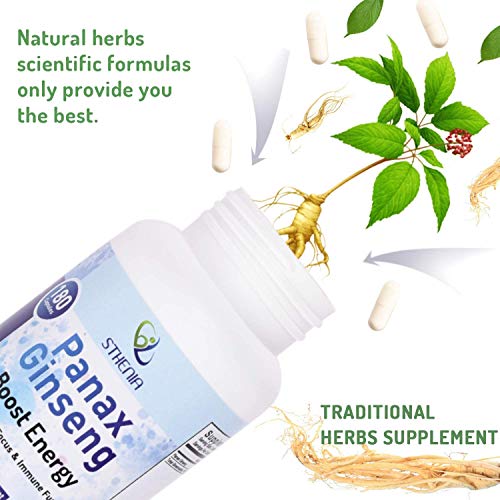 Sthenia Panax Ginseng 600 mg - 180 Capsules, Strength Root Extract Powder 10% Ginsenosides for Energy, Performance & Focus Pills for Men & Women