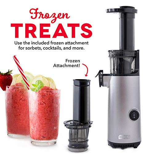 Dash Deluxe Compact Masticating Slow Juicer, Easy to Clean Cold Press Juicer with Brush, Pulp Measuring Cup, Frozen Attachment and Juice Recipe Guide - Graphite