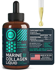Marine Liquid Collagen Peptides Supplement - 1,000mg Hydrolyzed Marine Collagen Plus 10mg Hyaluronic Acid - Wild Fuel Hair, Skin, Nail, Joint Support - Natural Lemon Lime Flavor - 1-Month, 2 oz