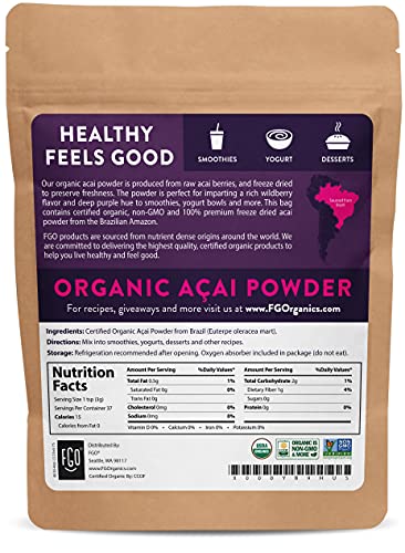 Organic ACAI Powder (Freeze-Dried) | 4oz Resealable Kraft Bag | 100% Raw Superfood Berry From Brazil | by FGO
