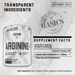 Axe & Sledge Supplements Arginine Basics Powder, Supports Pumps, Performance, Nitric Oxide Production, and Cardiovascular Health, Unflavored, 40 Servings