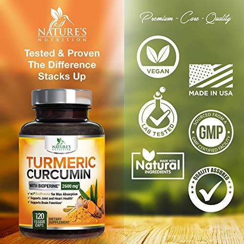 Turmeric Curcumin with Bioperine 95% Curcuminoids 2600mg with Black Pepper for Best Absorption, Made in USA, Best Vegan Joint Support, Turmeric Supplement Pills by Natures Nutrition - 120 Capsules