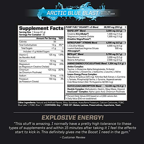 PMD Sports Ultra Pump Fuel Insanity - Pre Workout Drink Mix for Energy, Strength, Endurance, Muscle Pumps and Recovery - Complex Carbohydrates and Amino Energy - Arctic Blue Blast (30 Servings)