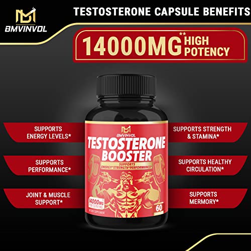 Test Booster Supplement for Men - 14000mg Herbal Equivalent - Supports Performance, Muscle, Energy - Made with Horny Goat Weed, Tribulus, Ginseng