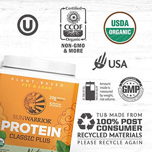 Sunwarrior - Classic Plus, Vegan Protein Powder with Peas & Brown Rice, Raw Organic Plant Based Protein (Natural) (375 Gram (Pack of 1))
