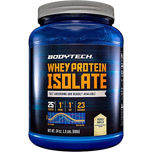 BodyTech Whey Protein Isolate Powder with 25 Grams of Protein per Serving BCAA's Ideal for PostWorkout Muscle Building Growth, Contains Milk Soy Vanilla (1.5 Pound)