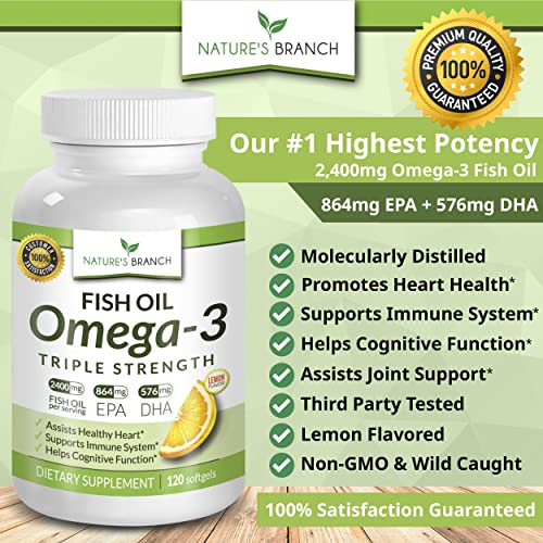 Best Triple Strength Omega 3 Fish Oil Pills 2400mg Burpless High Potency Lemon Flavor - 864mg EPA 576mg DHA Ultra Pure Liquid Softgels 120 Capsules for Brain Joints Eyes Hair Heart Health Supplement