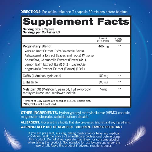 Qunol Sleep Support, 5-in-1 Non-Habit Forming Sleep Aid, Supplement with time-released Melatonin 5mg, Ashwagandha, GABA, Valerian Root, L-Theanine, 2 months supply, capsules, 60 ct