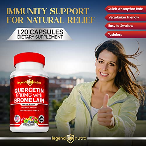Quercetin 500mg with Bromelain, 120 Vegetable Capsules, Immune System Support Supplement, Seasonal Health, Cardiovascular Health by Legend Nutra