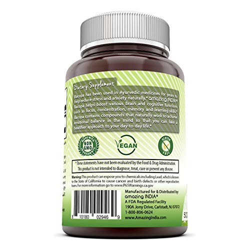 Amazing India Bacopa 500 mg 120 Veggie Capsule (Non-GMO) - Supports Memory and Learning - Promotes a Healthier State of Mind*