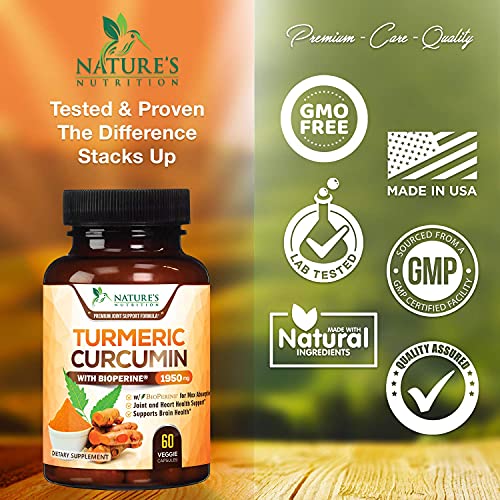 Turmeric Curcumin Highest Potency 95% Curcuminoids 1950mg with BioPerine Black Pepper for Ultra High Absorption, Made in USA, Best Vegan Joint Support by Natures Nutrition - 60 Capsules