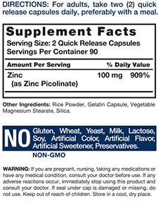 Zinc Picolinate 100mg | 180 Capsules | High Potency | Non-GMO, Gluten Free | Zinc Supplement | by Horbaach