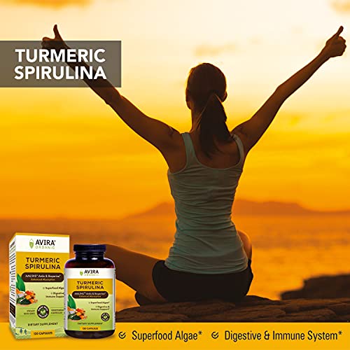 Avira Organic Turmeric Spirulina, Super Fusion with Amla, Curcumin & Bioperine, Superfood Algae Grown in Pristine Environment, Support Immune & Digestive Function, Yellow, 120 Count