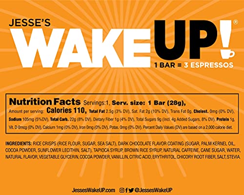 WAKE UP (1 Bar = 3 ESPRESSOS): Vegan, Gluten Free Energy Bar, 250mg Caffeine (Plant-Based), 110 Calories, Kosher Ingredients, Non GMO, Low Sugar, Dairy Free, Egg Free, Soy Free, Dark Chocolate Flavor Rice Crisp Bar to Boost Brain Focus, Clarity, Hours of