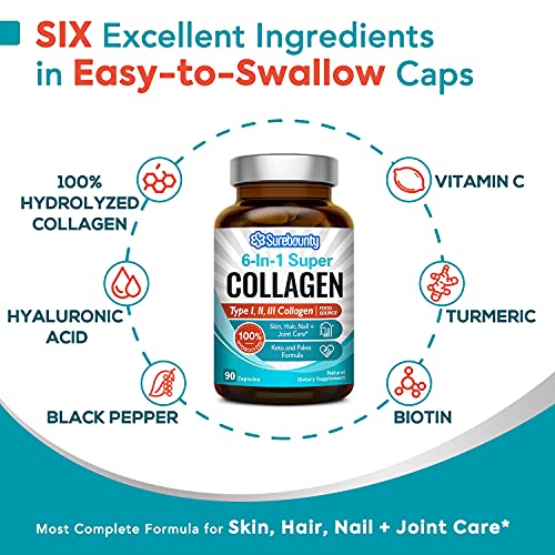Surebounty 6-in-1 Super Collagen, Food Source Type I, II, III, Exclusive Formula, Turmeric + Black Pepper + Vitamin C + Hyaluronic Acid + Biotin, Keto & Paleo, No Hormone, No Sugar, Anti-Aging, 90 ct
