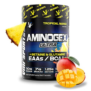 VMI Sports | Aminogex Ultra | BCAA Powder | Amino Acids + Betaine and Glutamine | Amino Acid Post Workout Recovery Drink | Intra Workout Drink with TRAACS Electrolytes | (Tropical Mango, 30 Servings)