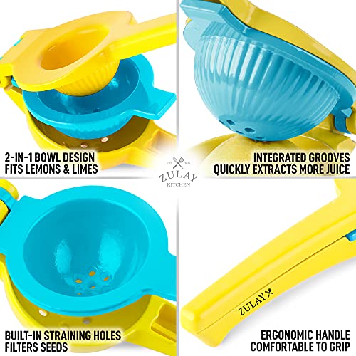 Zulay Metal 2-In-1 Lemon Lime Squeezer - Hand Juicer Lemon Squeezer - Max Extraction Manual Citrus Juicer (Vibrant Yellow and Blue Atoll)