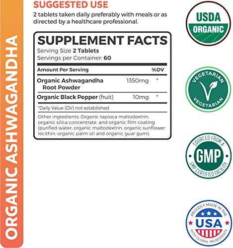 USDA Organic Ashwagandha (120 Tablets & Vegetarian) 1350mg Per Serve with Black Pepper - Natural Adrenal Support, Cortisol & Thyroid Support, Immune Support - No Pills or Capsules
