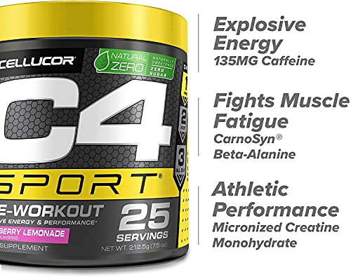 C4 Sport Pre Workout Powder Straberry Lemonade - Naturally Sweetened + Sugar Free Preworkout Energy Supplement for Men & Women - 135mg Caffeine + Creatine - 25 Servings