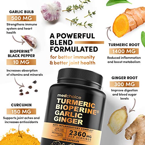 4-in-1 Turmeric Curcumin w Bioperine 2360mg (120 ct) | 95% Curcuminoids, Ginger Root, Garlic Pills, Black Pepper | Anti Inflammatory Joint Pain Heart Health | Made in The USA (120 Count (Pack of 1))