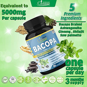 Bacopa Monnieri Extract Capsules 5000mg & Ashwgandha, Ginseng, Saw Palmetto, Shilajit|Support Brain Function, Promotes Mental Clarity Supplement|Anxiety and Stress Relief Memory Focus, 3 Months Supply