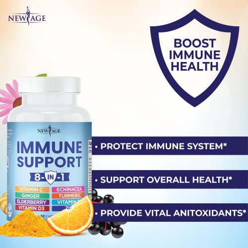 8 in 1 Immune Support Booster Supplement with Elderberry, Vitamin C and Zinc 50mg, Vitamin D 5000 IU, Turmeric Curcumin & Ginger, B6, Echinacea - 120 Count - 2 Pack