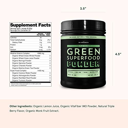 SB Organics Triple Berry Green Superfood Powder - 294g Canister of Organic Non-GMO Super Greens Drink Blend - Wheat Grass Juice Powder, Spirulina Powder, Moringa Powder, Matcha Tea Powder, and More