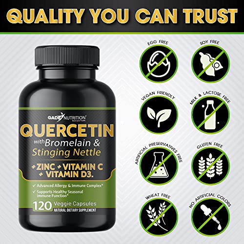 Quercetin with Vitamin C and Zinc - Nettle Quercetin - Quercetin 500mg - Quercetin with Bromelain - Zinc Quercetin + Vitamin D3 - 120 Veggie Caps - Quercetin Supplements Non-GMO, Gluten-Free, Vegan