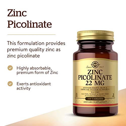 Solgar Zinc Picolinate 22 mg, 100 Tablets - Pack of 3 - Antioxidant, Skin & Immune Support - Non-GMO, Vegan, Gluten Free, Dairy Free, Kosher - 300 Total Servings