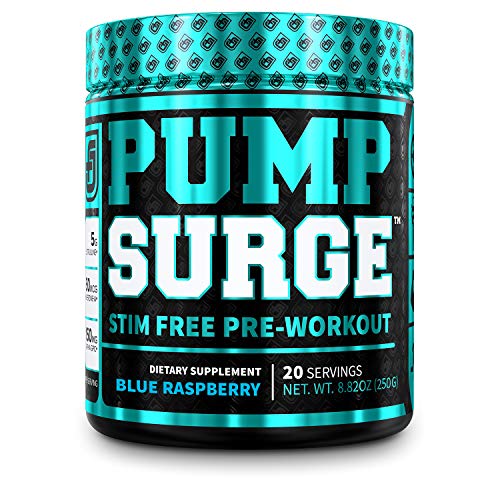 PUMPSURGE Caffeine Free Pump & Nootropic Pre Workout Supplement - Non Stimulant Preworkout Powder & Nitric Oxide Booster - 20 Servings, Blue Raspberry Flavor