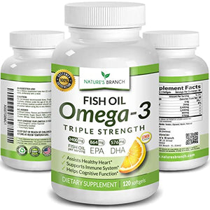 Best Triple Strength Omega 3 Fish Oil Pills 2400mg Burpless High Potency Lemon Flavor - 864mg EPA 576mg DHA Ultra Pure Liquid Softgels 120 Capsules for Brain Joints Eyes Hair Heart Health Supplement