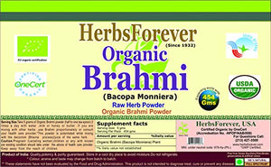 Brahmi Powder (NIR Brahmi) Leaves & Whole Plant (Bacopa Monnieri) (Ayurvedic Formulation) (Certified Organic from Natural Habitat) 16 Oz, 454 GMS, 2X (Optimum Potency)