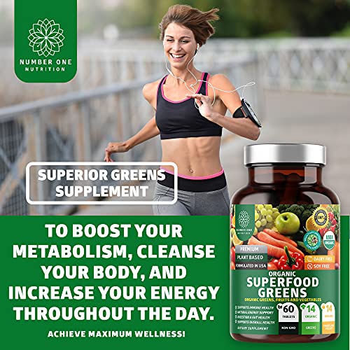 N1N Premium Organic Superfood Greens, Fruits and Veggies [28 Powerful Ingredients] All Natural Superfood Supplement with Alfalfa, Beet Root and Ginger to Boost Energy, Immunity and Gut Health, 60 Ct