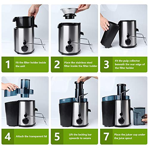 VIGIND Juicer Extractor,Juicer Machine,Centrifugal Juicer,Wide 3” Feed Chute,3 Speed Stainless Steel Centrifugal Juicer for Fruits and Vegetables, with Non-Slip Feet, Easy to Clean,with a brush