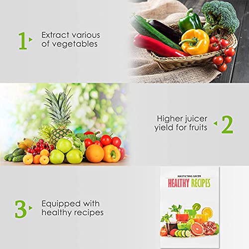 Slow Masticating Juicer, Cold Press Juicer Machine Easy to Clean, Higher Juicer Yield and Drier Pulp, Juice Extractor with Quiet Motor and Reverse Function, BPA-Free, with Recipes