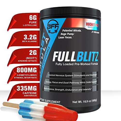 FULLBLITZ by BFF Build Fast Formula | Fully Loaded Pre-Workout | Energy Booster + Huge Dual Pathway Nitric Oxide Boosting Muscle Pumps, Laser Focus & Nootropic Blend – 24 Workouts (Rocket Pop)