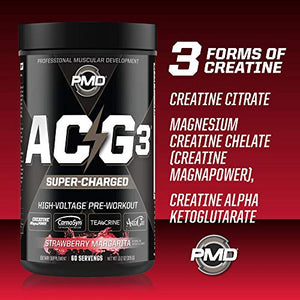 PMD Sports ACG3 Supercharged - Pre Workout - Powerful Strength, High Energy, Maximize Mental Focus, Endurance, Optimum Workout Performance for Men and Women - Strawberry Margarita (60 Servings)