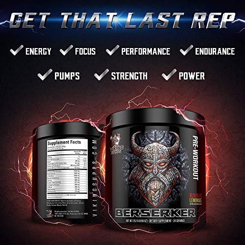 Viking Supps Berserker Pre-Workout, with Creatine, Beta-Alanine, and Caffeine for Energy, Bloodlust Lemonade (Strawberry Lemonade) Flavor, 24 Servings