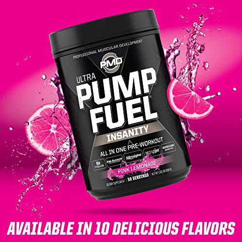 PMD Sports Ultra Pump Fuel Insanity - Pre Workout Drink Mix for Energy, Strength, Endurance, Muscle Pumps and Recovery - Complex Carbohydrates and Amino Energy - Electric Pink Lemonade (30 Servings)