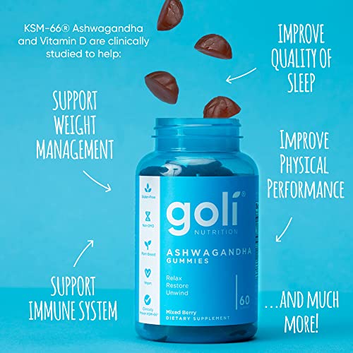 ASHWA Vitamin Gummy by Goli Nutrition - Ashwagandha and Vitamin D Gummies - 30 Count - Relax. Restore. Unwind. (Mixed Berry, KSM-66, Vegan, Plant Based, Non-GMO, Gluten-Free & Gelatin Free)